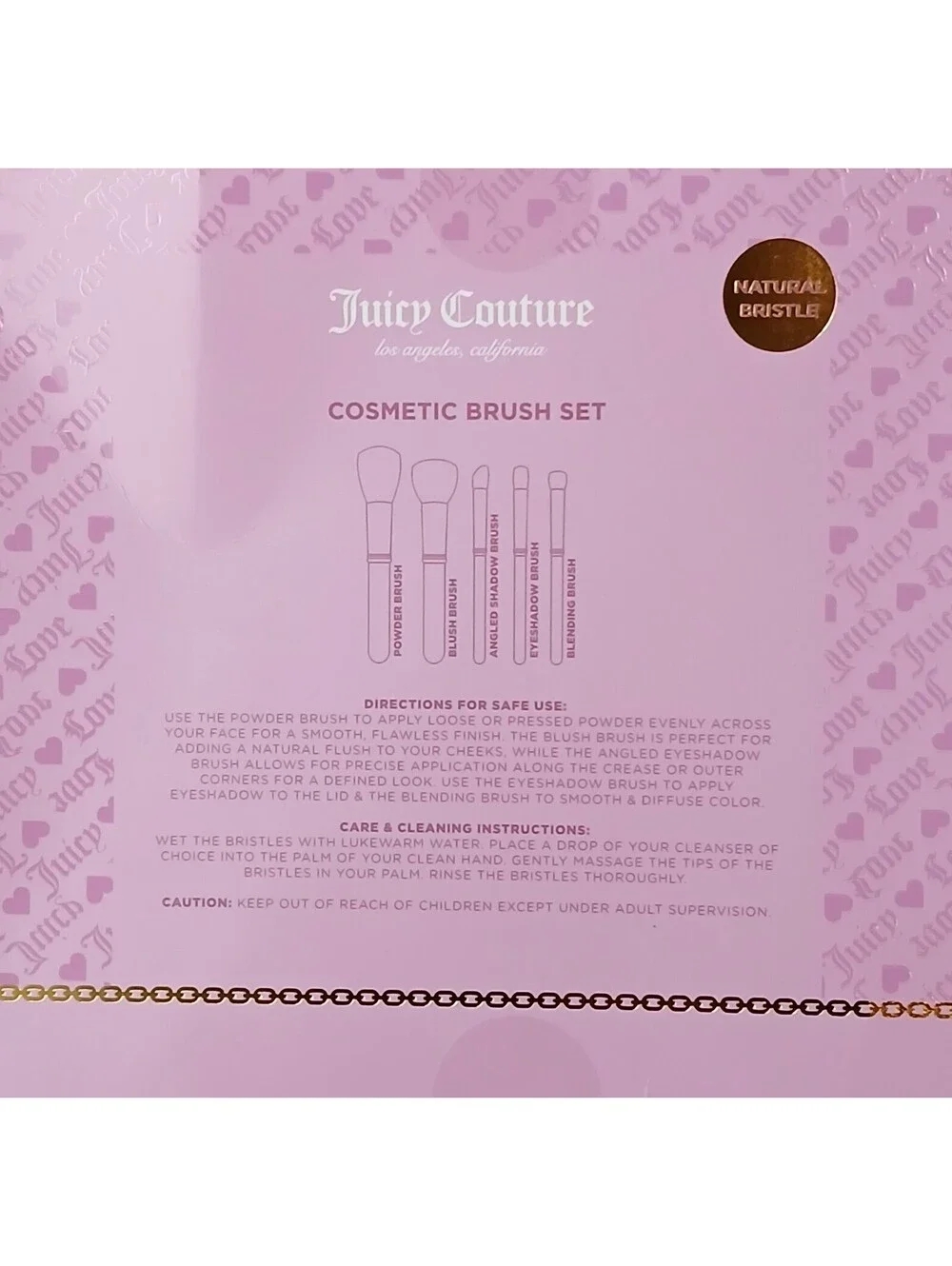 Juicy Couture 5 Pc Natural Bristle Makeup Brush Set Pink Gold Glitter New